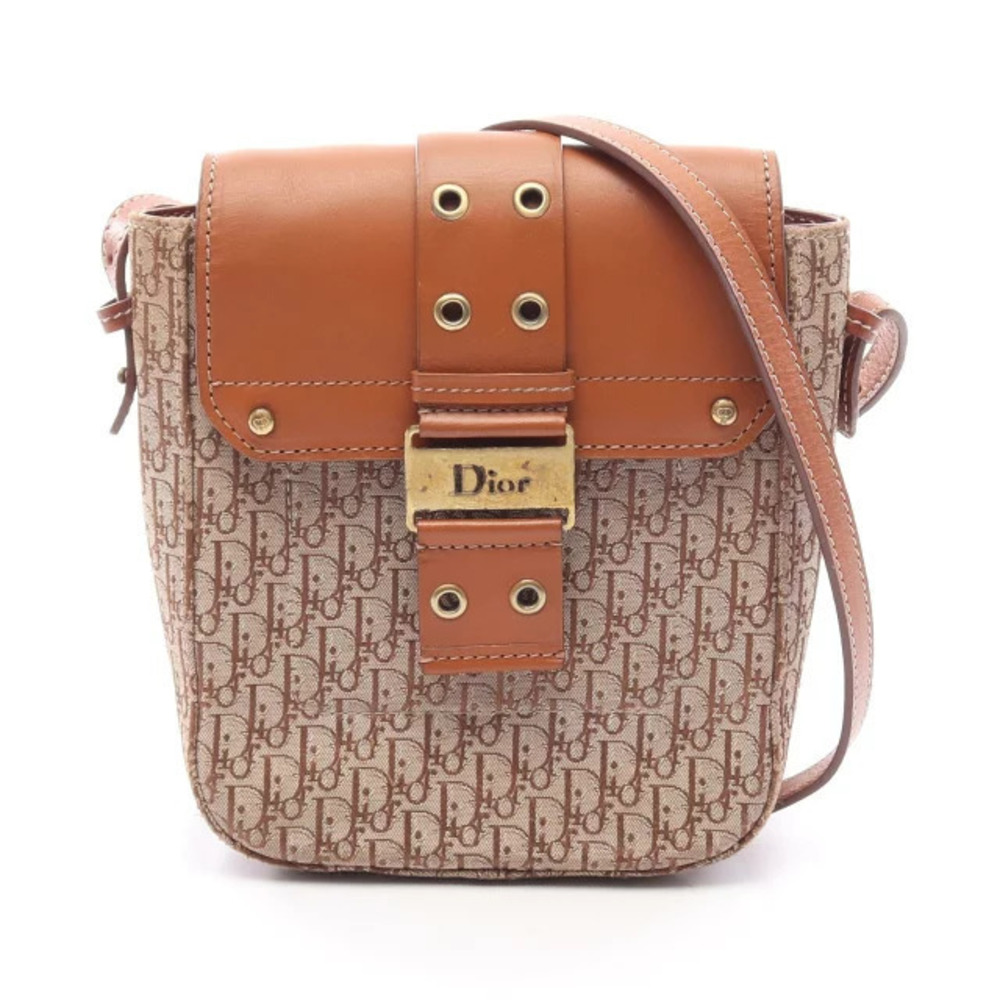 Christian Dior Street Trotter Shoulder Bag Canvas Leather Beige Cream Brown